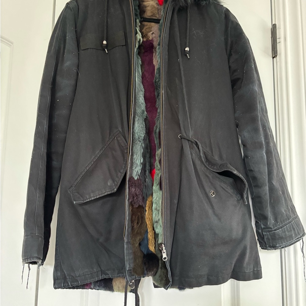 Women’s Black Parka Jacket with real Fur colorful interior (reversible!)